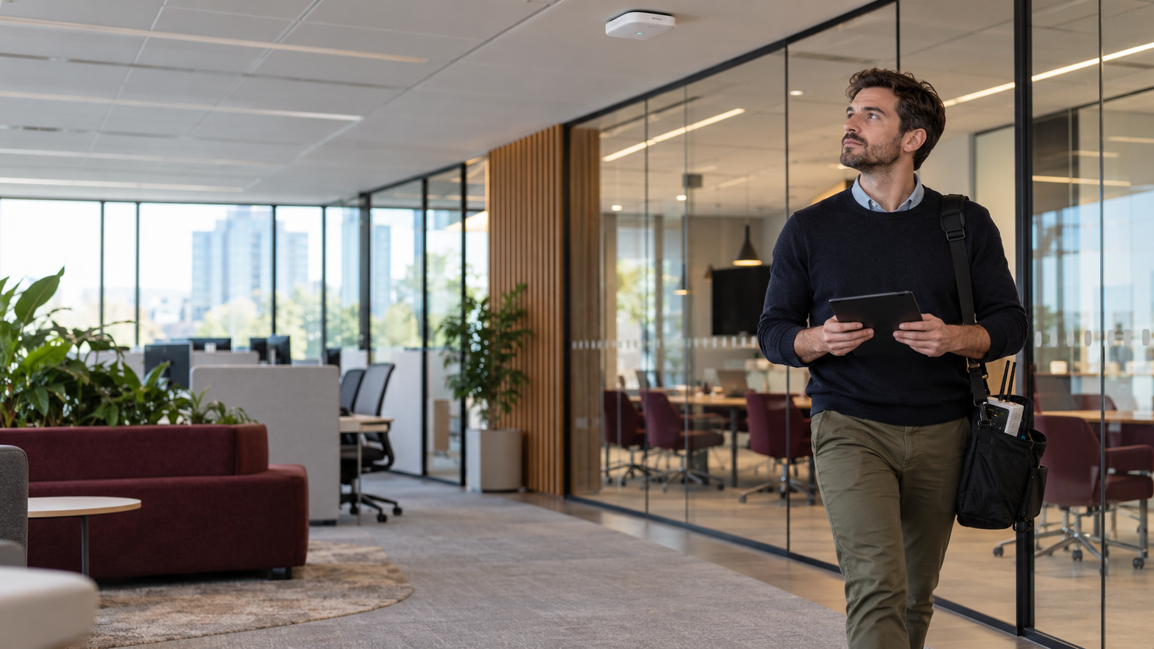 Engineer collecting wireless survey measurements in an office